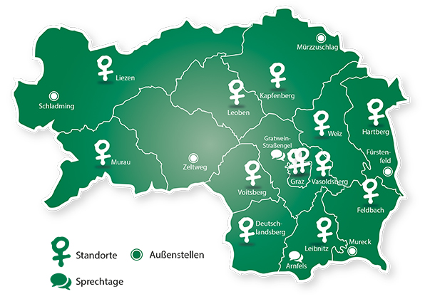 Steiermarkkarte mit (verlinkten) Beratungs- und Außenstellen sowie Sprechtagen